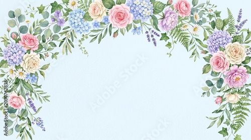 Flowers and green leaves border