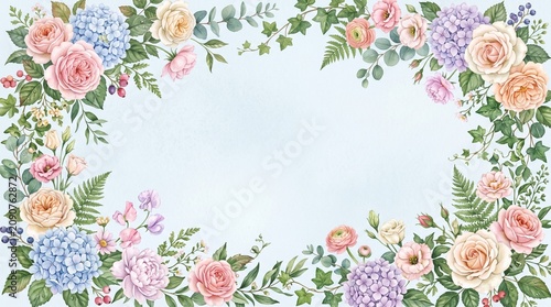 Flowers and green leaves border