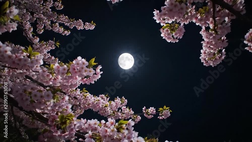Cherry Blossom Full Moon Night Sky. 4K Video
