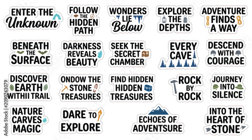 Set of adventure underground and cave exploration inspirational quotes