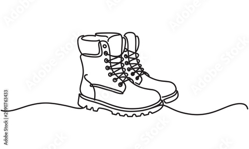 Continuous single line of a pair of rugged hiking boots, outdoor footwear for trekking and adventure, minimalist black outline isolated on a white background, work boots