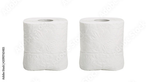Two white textured toilet paper rolls, isolated on transparent background