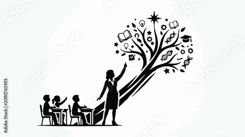 Black silhouette of teacher and students with creative tree of knowledge and learning symbols in educational setting