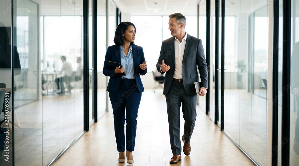 Fototapeta premium Two business professionals walking and talking in a modern office hallway