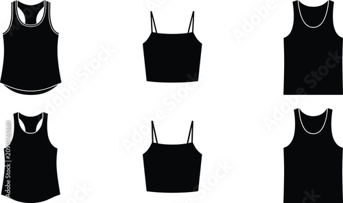 Fotografía Blank black tank top mockup set vector icon collection technical fashion illustr