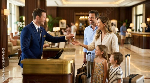 A smiling hotel staff member hands a key card to a happy family at the front desk