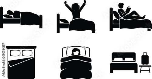 Quadro su tela Bedtime routine and hotel stay vector silhouette icon set featuring sleeping wak