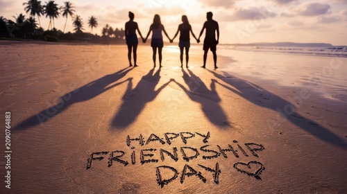Four friends holding hands on beach at sunset for Friendship Day