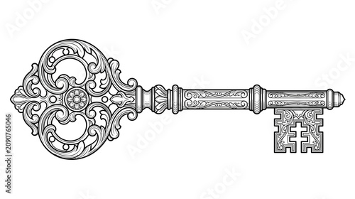 Fotografie Antique Ornate Key Isolated on White Background, Vintage Metal Skeleton Key