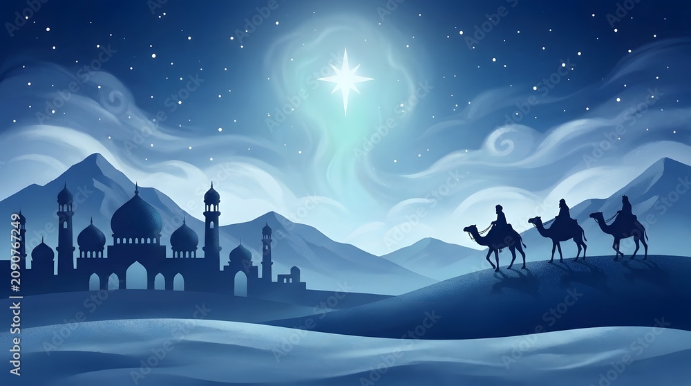 Naklejka premium Three wise men following the star of bethlehem to a distant city at night