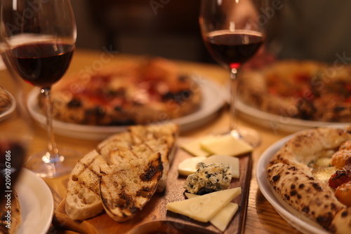 Gourmet Italian Dinner with Red Wine Pizza and Cheese Board