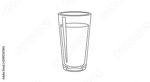 Bild auf Leinwand Minimalist outline illustration of a tall glass of water with a straw, isolated on white background