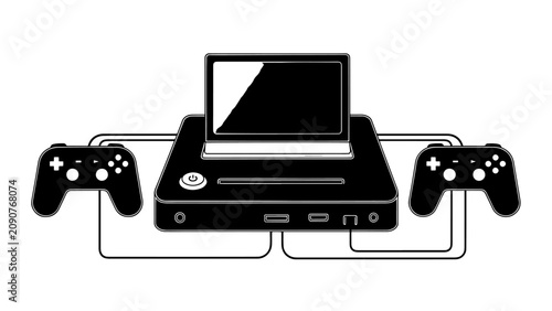 Classic home gaming setup featuring a console with two wired controllers and a display unit.