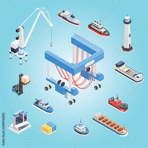 Tableau sur toile Isometric seaport elements industrial marine port 3d icons vessels ships lightho