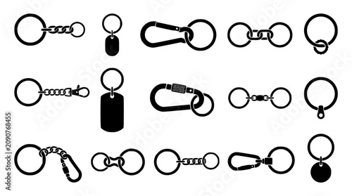 Foto Keychain blank templates silhouette vector set featuring metal rings carabiners