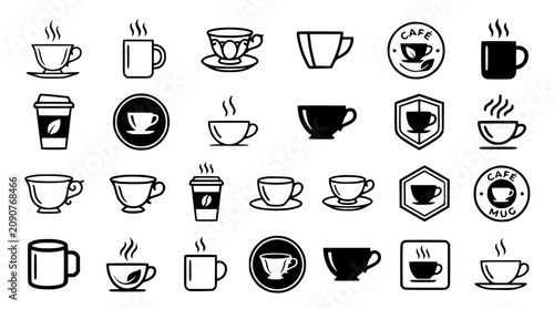 Photos Cafe coffee shop and hot beverage line icons set containing morning tea cups bre