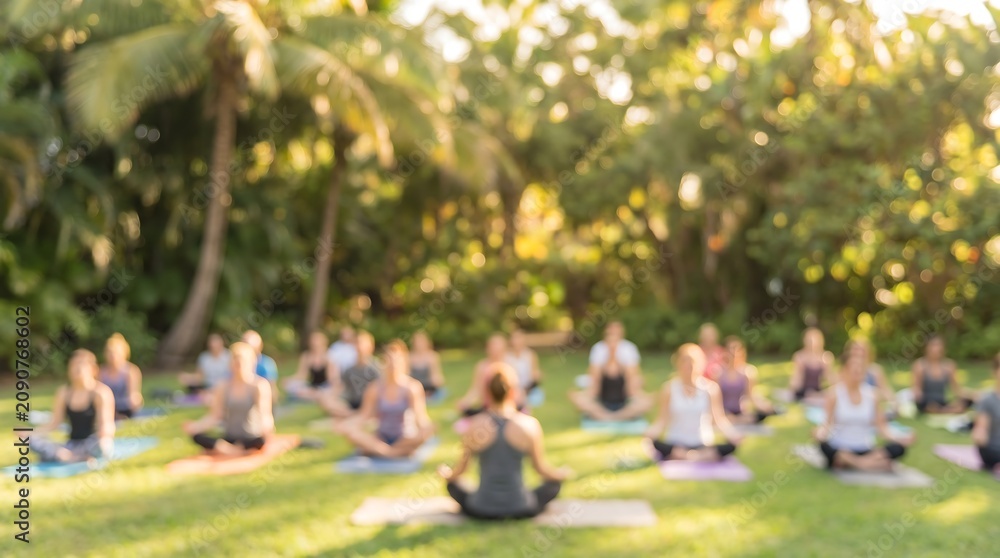 Fototapeta premium Group of people sitting in circle on grass practicing yoga and meditation in tropical garden setting with sunbeams filtering through trees for mindfulness and wellness concept