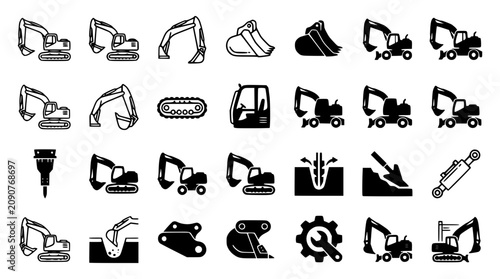 Tableau sur toile Heavy construction machinery and excavator line icons set containing digger vehi