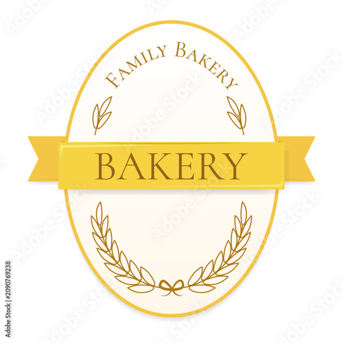 Bakery emblem or badge with whet ears and ribbon, vector illustration, isolated on white. Suitable for branding, packaging.