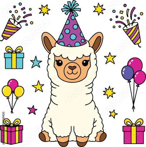 Cute cartoon llama wearing a colorful party hat surrounded by festive birthday decorations.