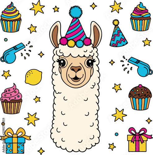Cute cartoon llama wearing a colorful party hat 1.