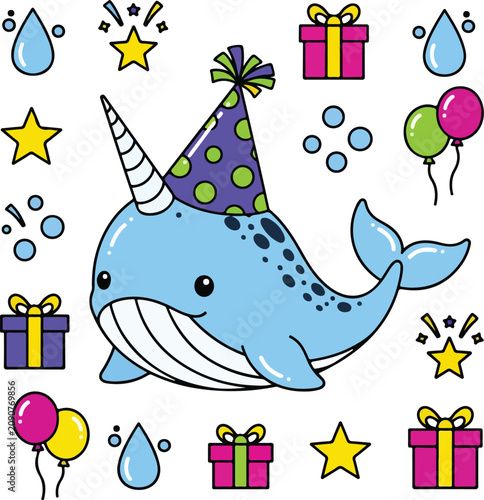 Cute cartoon narwhal wearing a birthday party hat.