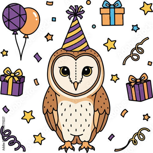 Cute cartoon owl wearing a festive birthday party hat.