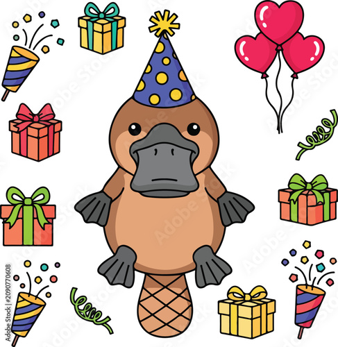Cute cartoon platypus wearing a festive birthday party hat.