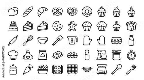 Bakery and pastry cooking line icon set with bread cakes cookies pastries donuts and kitchen utensils