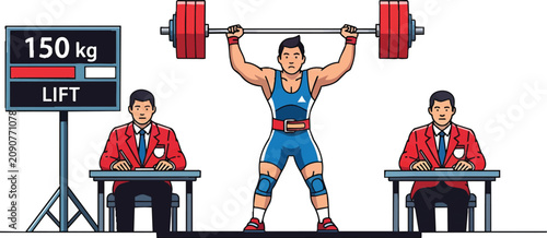 Weightlifter successfully lifts 150 kg in a competition with judges and scoreboard.