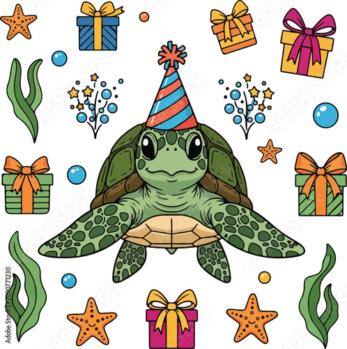 Cute cartoon sea turtle wearing a colorful party hat.