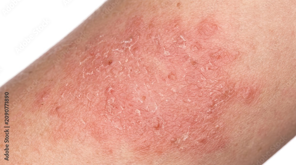 Fototapeta premium Close up of dry scaling skin with red rash caused by acute atopic dermatitis