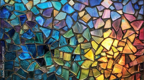 Vibrant mosaic wall art featuring a spectrum of colors.  A kaleidoscope of shards, creating a dynamic and colorful design