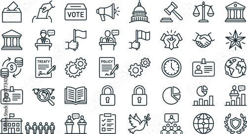 Minimalist Politics and Election Outline Icons Collection Featuring Voting, Government, Democracy, Law and Civic Participation Symbols
