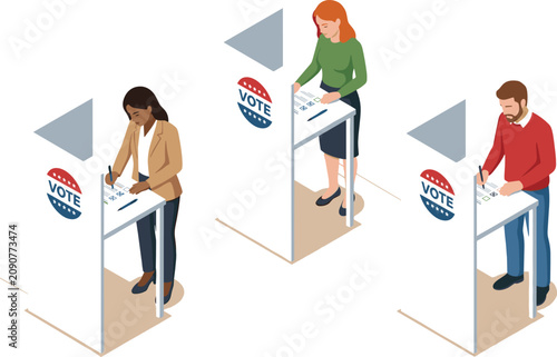 People Voting at Polling Booth Flat Vector Illustration Collection – Election Day, Ballot Casting, Democracy and Civic Participation Characters