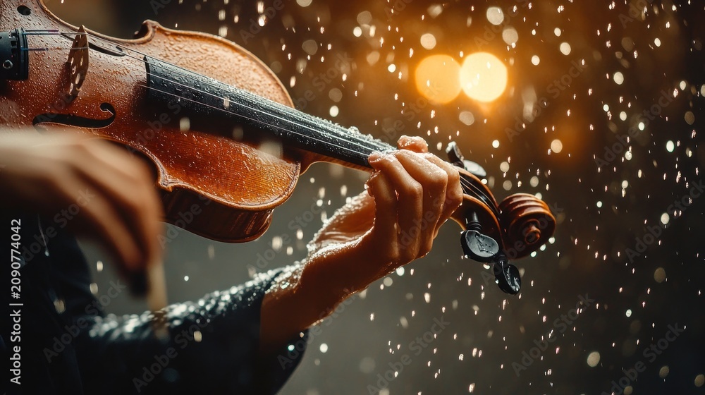Fototapeta premium Violinist plays in the rain. Hands delicately hold the instrument while raindrops fall around. Warm, soft lighting creates a romantic ambiance