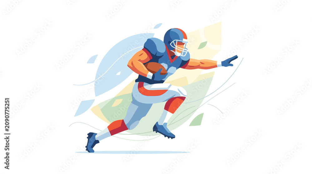 Fototapeta premium American football player in blue and red uniform running with ball, stylized flat design vector illustration with dynamic geometric background elements on white backdrop.