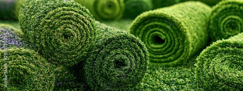 Artificial grass lawn in rolls on green background, close up shot.