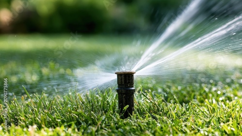 Automatic sprinkler system watering fresh green lawn in the garden, close up.
