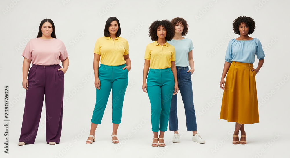 Obraz premium Diverse women posing in stylish casual wear, symbolizing fashion, body positivity, and modern style, suitable for clothing campaigns.