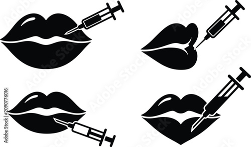 Tableau sur toile Lip filler injection cosmetic surgery icons set with glossy mouth silhouettes an