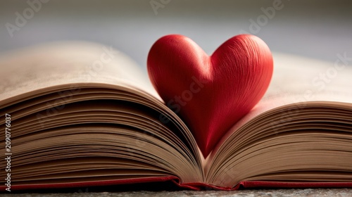 Close up of a red decorative heart on open pages of an old book, romance.