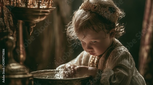Infant baptism concept with priest pouring holy water over baby head in church.