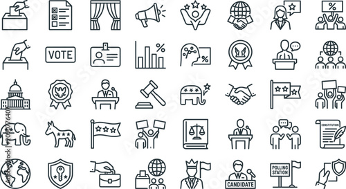 Fotografie Minimalist Politics and Election Outline Icons Collection Featuring Democracy, V