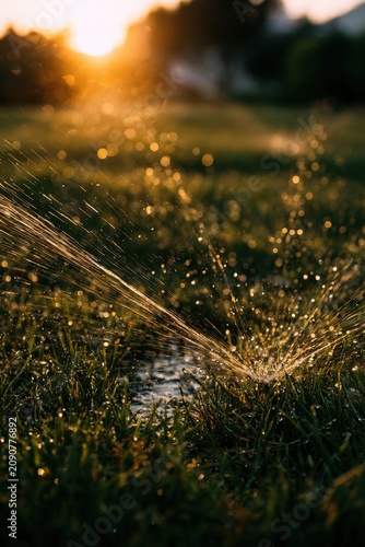 Automatic lawn sprinkler watering green grass field at sunset. Irrigation concept.