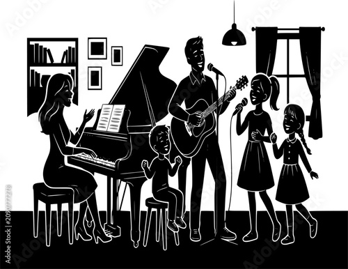 Family Music Night Silhouette - Minimal Black Vector for Arts and Social Bonding