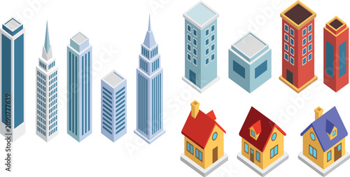 Fotografía Isometric City Buildings Vector Collection Featuring Modern Skyscrapers Office T