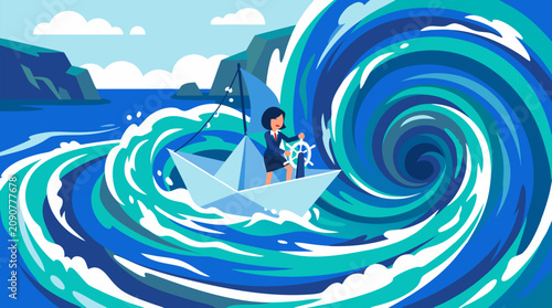 Brave businesswoman in navy suit steering paper sailboat through dramatic swirling ocean whirlpool, courageous female entrepreneur navigating turbulent blue waters, business challenge and resilience