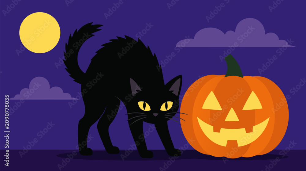 Fototapeta premium Spooky black cat arching with glowing yellow eyes beside a smiling jack o lantern under full moon, playful Halloween vector for parties, trick or treat decor and autumn holiday cards