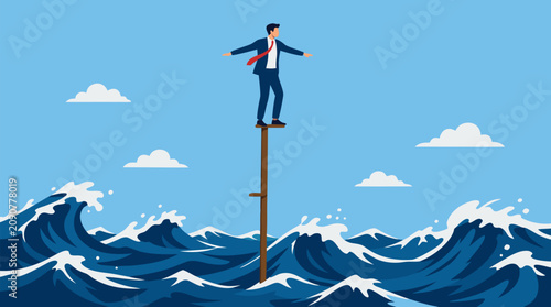 Businessman balancing on a single towering stilt above turbulent ocean waves, bold corporate risk and leadership metaphor for uncertainty, resilience, strategy, ambition and high stakes decisions
